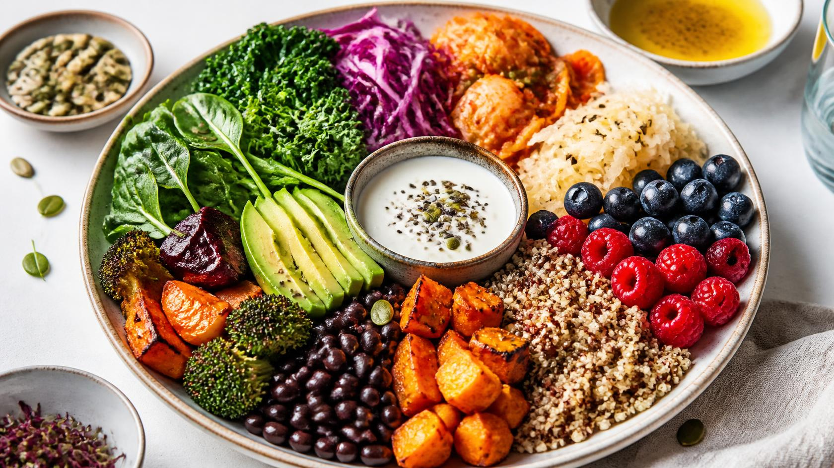 Colorful whole foods plate rich in fiber, fermented foods, and gut-healing nutrients