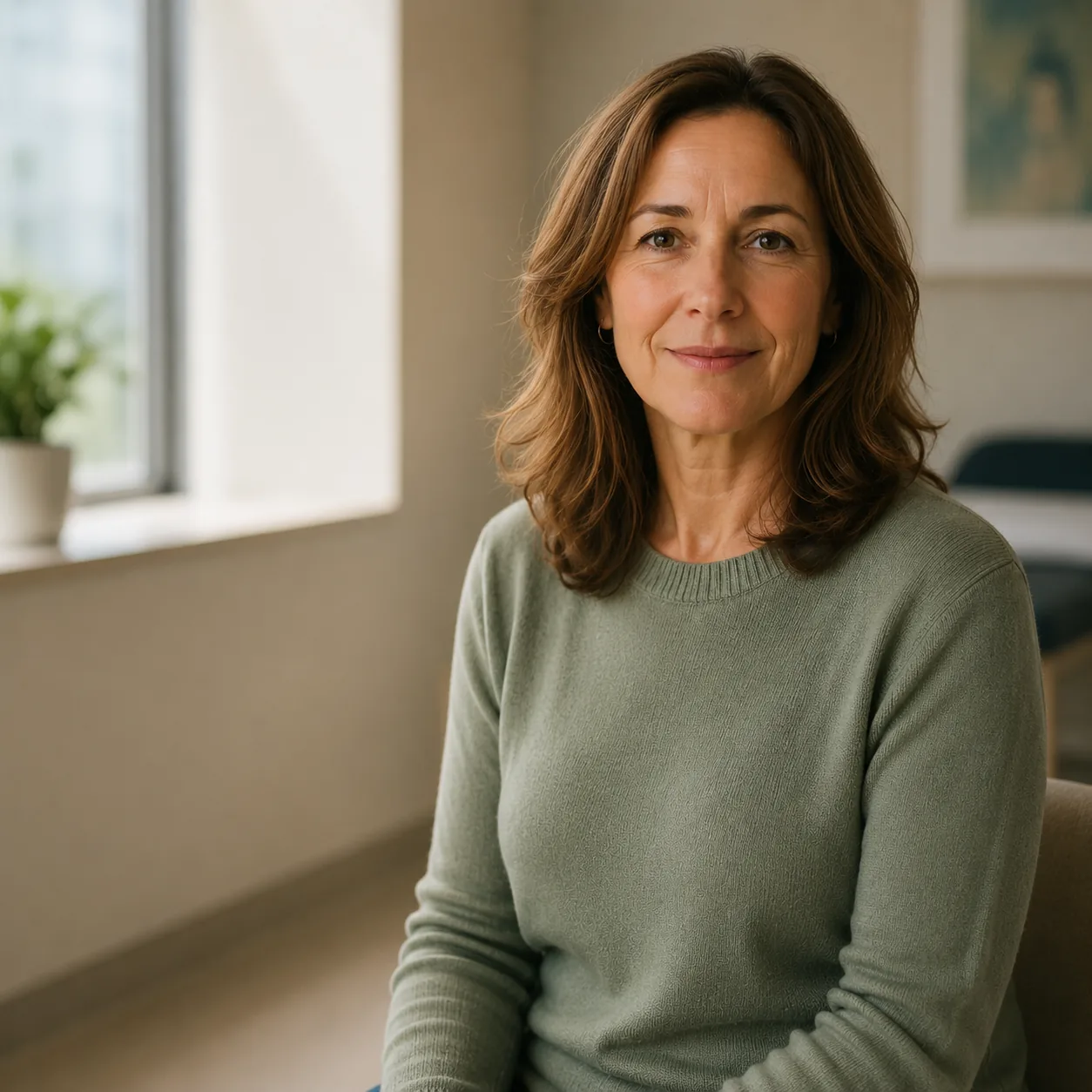 Woman in a calm clinic setting, representing patients cared for at Associates in Obstetrics and Gynecology