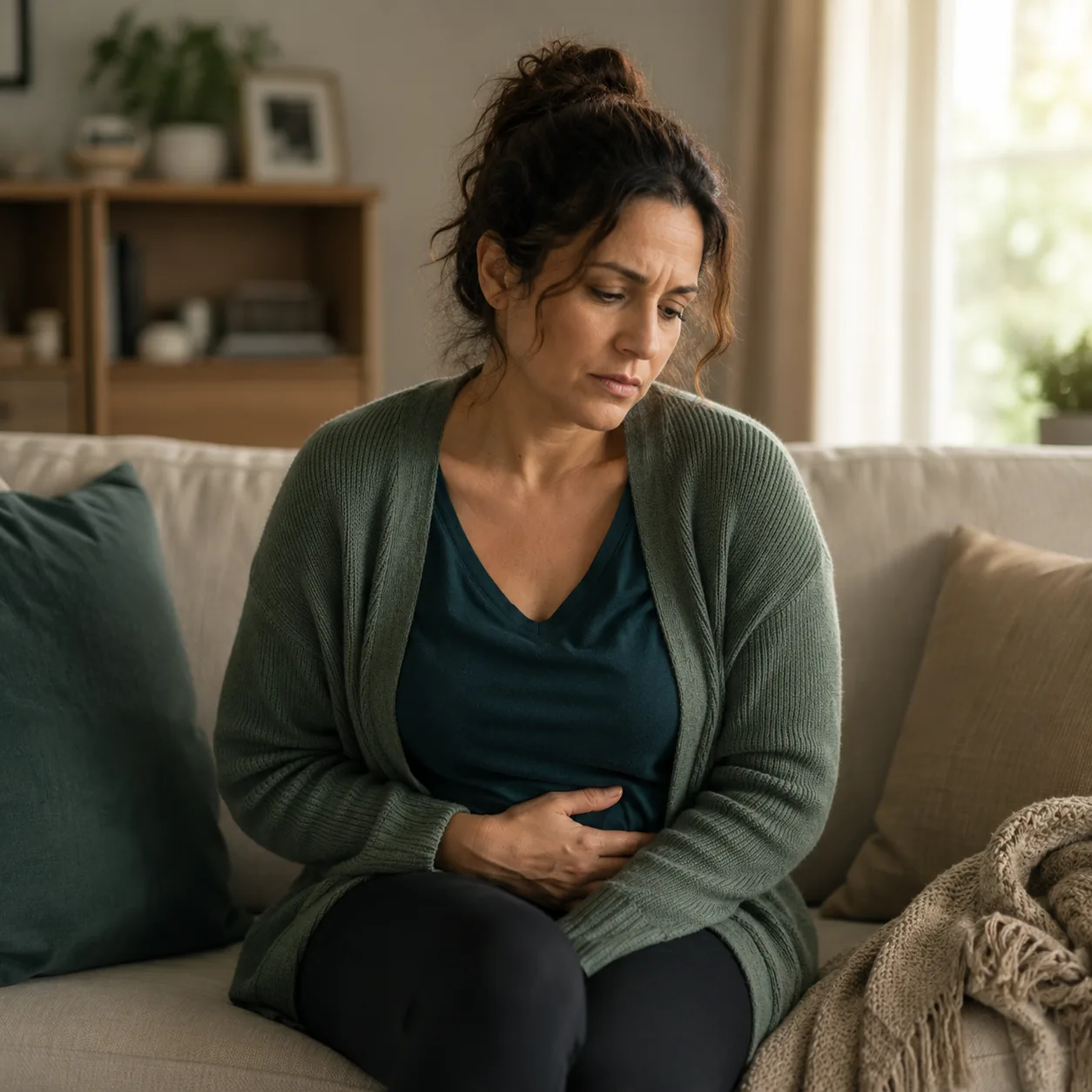 Woman sitting on a sofa at home with a hand resting low on her abdomen, uncomfortable with heavy periods and pelvic pain
