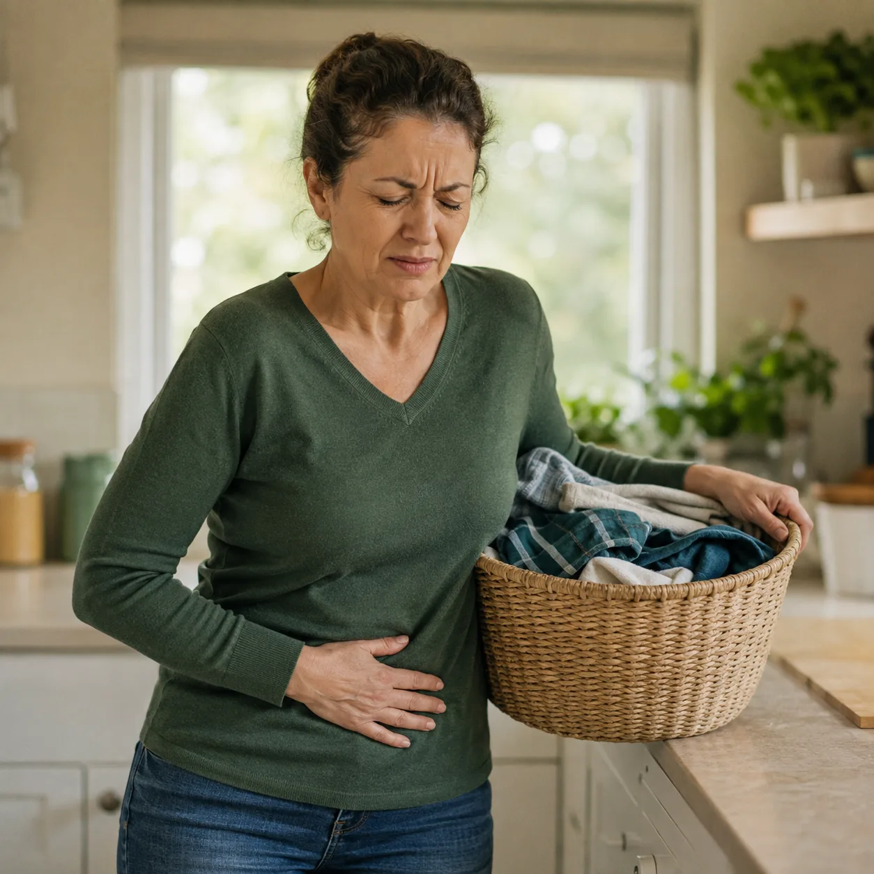Woman pausing mid-lift in her kitchen with a hand pressed low on her abdomen, feeling pelvic pressure