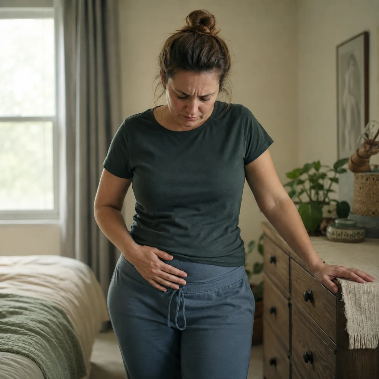 Woman standing at home with a hand resting on her lower belly, feeling bloated and uncomfortably full