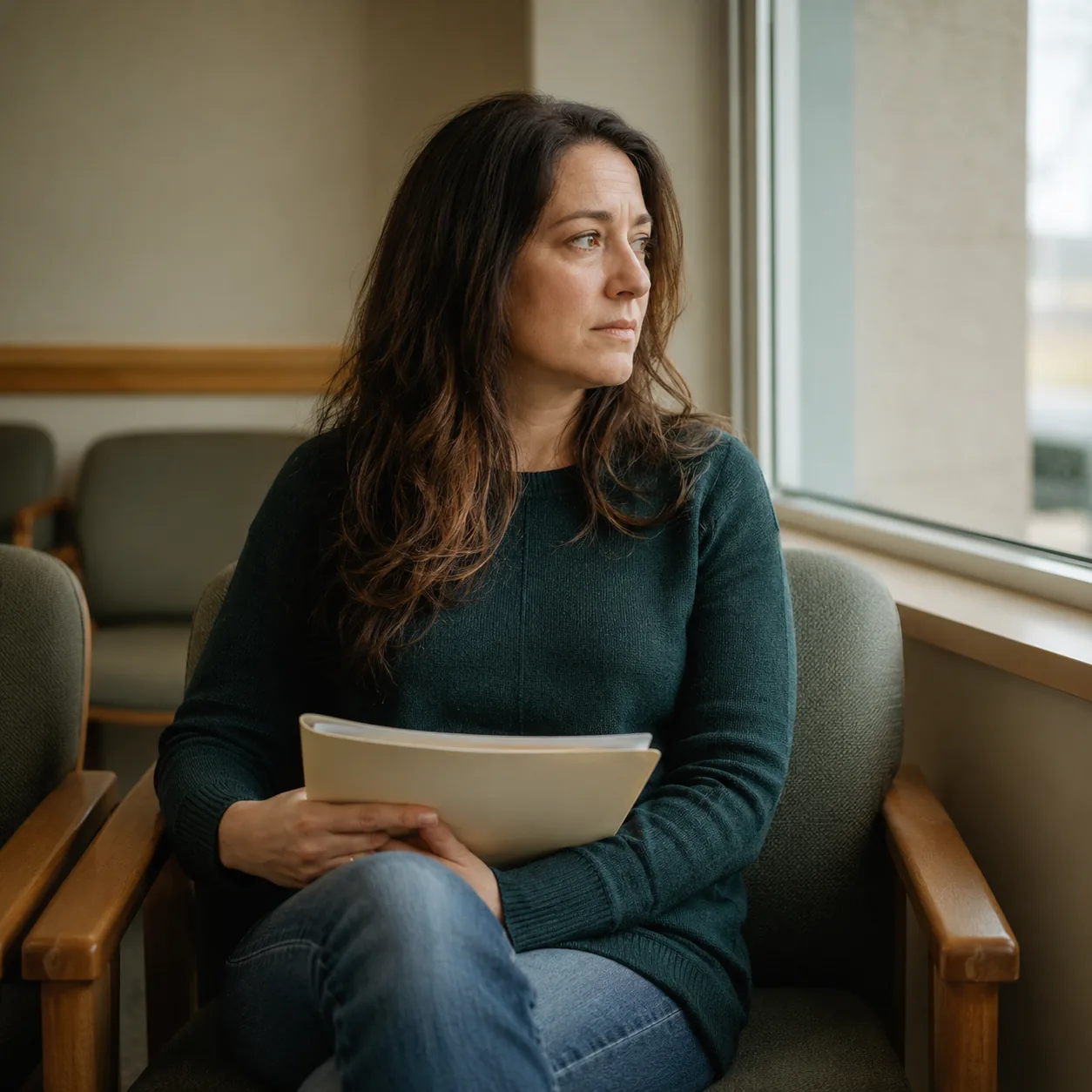 Woman waiting in a clinic chair holding her medical records, tired of having her ongoing pelvic pain dismissed