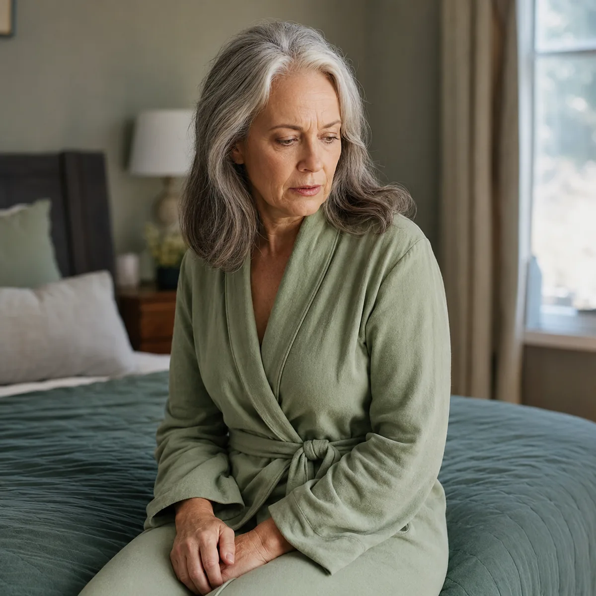 Woman in her sixties sitting quietly at home, concerned after noticing bleeding following menopause