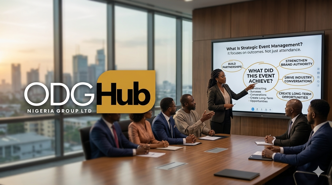 A landscape photo featuring the Nigerian ODGHub team lead leading a focused, outcome-driven dialogue with a corporate leadership team in a modern boardroom in Lagos or Abuja. They are not presenting charts of guest lists, but are actively collaborating on a large interactive digital whiteboard or strategy board. On the board, keywords are visibly circled in connection: "PARTNERSHIPS," "BRAND AUTHORITY," "MARKET ENTRY," and "LONG-TERM OPPORTUNITY."