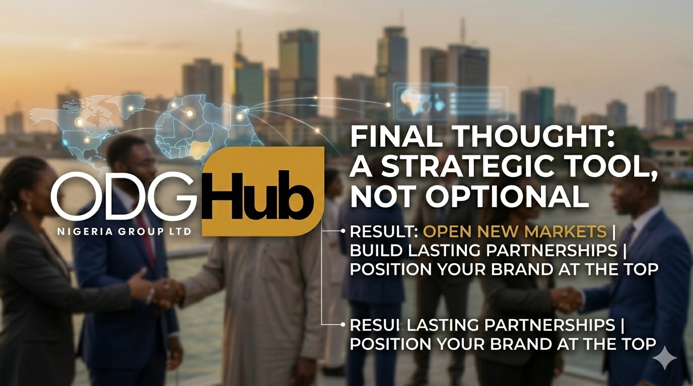 A landscape photograph of a curated ODGHub engagement platform. The scene is not a chaotic trade show, but a sleek, modern industry showcase in Lagos. The background, including the city skyline, is softly blurred. Two diverse professionals (perhaps representing different West African nations) are shaking hands, looking at a stylized map that overlays Nigeria with light-up indicators connecting to the entire ECOWAS region