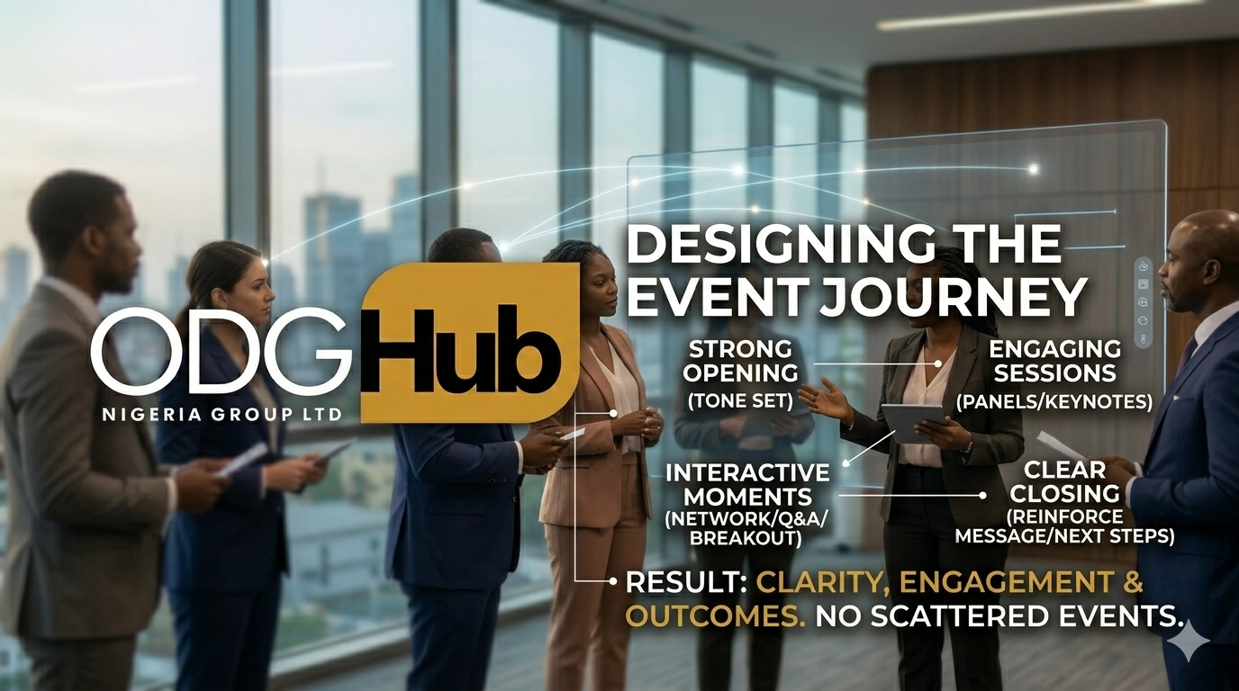A powerful, sleek landscape photograph capturing the authoritative peak of a sophisticated corporate industry summit in Nigeria, curated by ODGHub. It is not an image of a generic stage, but a visualization of the structured event flow.