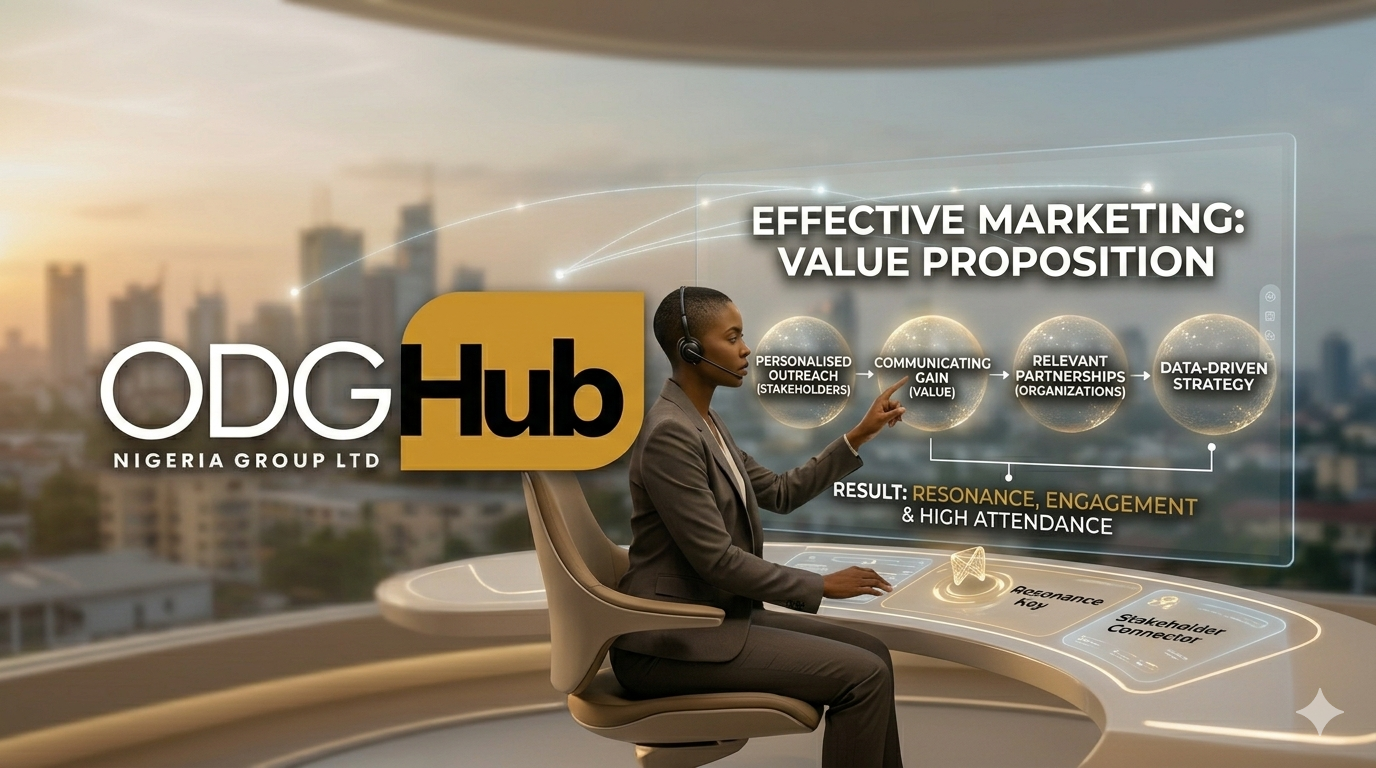 powerful, sleek landscape photograph illustrating direct, impactful communication in West Africa. The setting is not an office or trade show. It is an abstract, stylized conceptual space where two elements interact: a large, transparent digital Resonance Sphere and a focused, singular Stakeholder Connector.