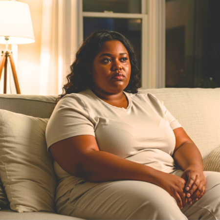 an overweight woman sitting on the couch