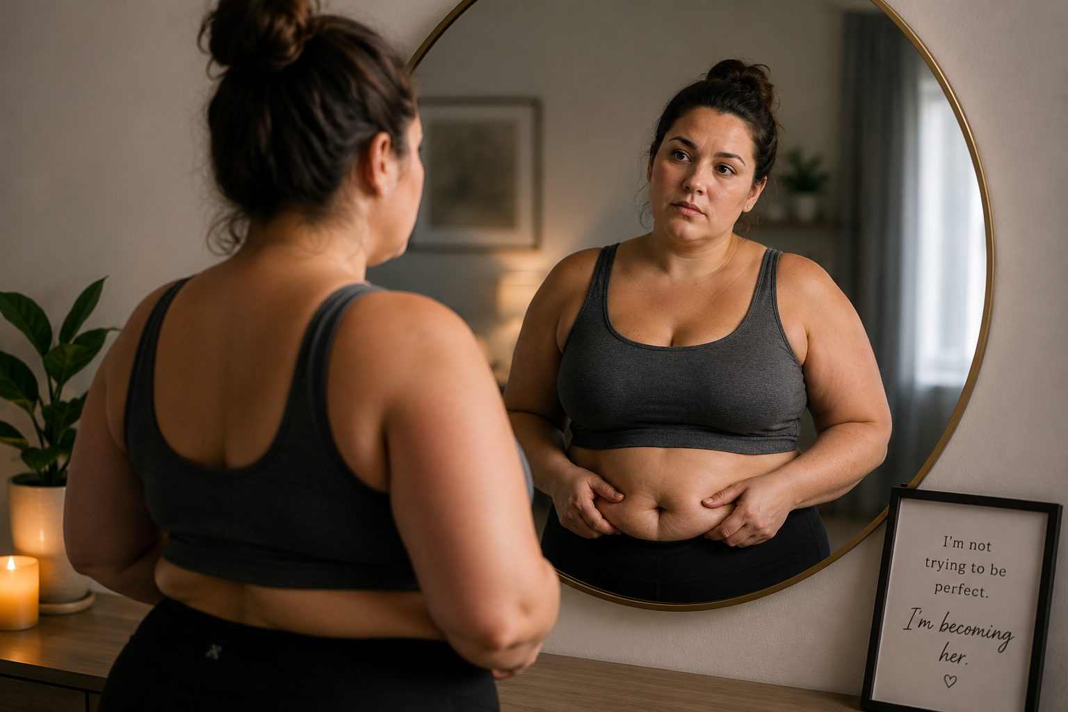 over weight woman looking in the mirror