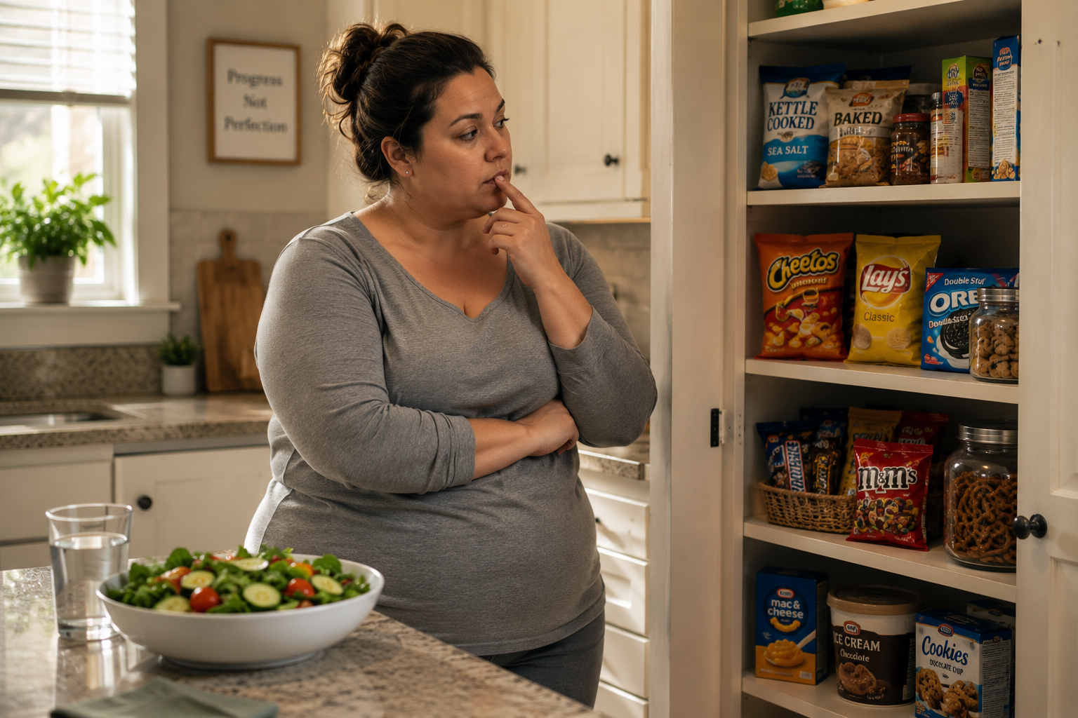 Overweight woman deciding between a healthy salad and pantry snacks in her kitchen. Overweight woman deciding between a healthy salad and pantry snacks in her kitchen.