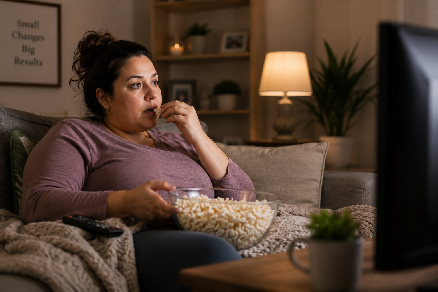 Woman mindlessly eating popcorn while watching television, illustrating automatic eating habits. Woman mindlessly eating popcorn while watching television, illustrating automatic eating habits.