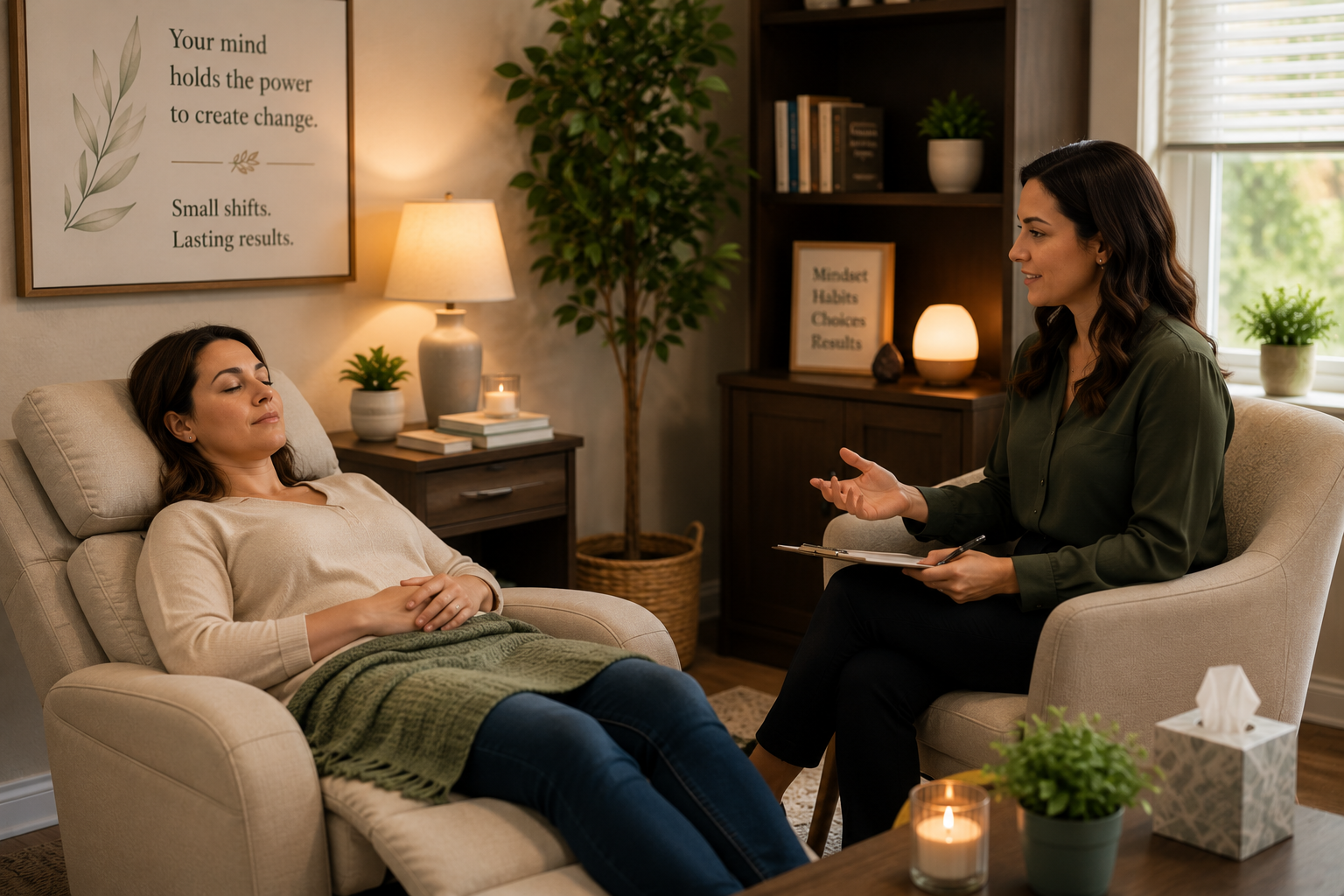Woman relaxing during a professional hypnotherapy session for weight loss in a comfortable office. Woman relaxing during a professional hypnotherapy session for weight loss in a comfortable office.