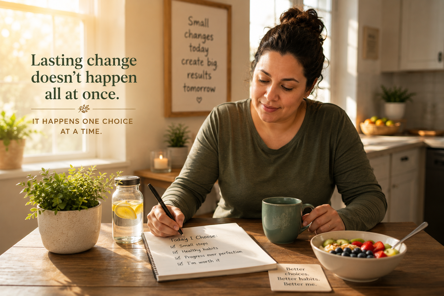 Woman journaling while enjoying a healthy breakfast, representing small daily choices that support lasting weight-loss habits. Woman journaling while enjoying a healthy breakfast, representing small daily choices that support lasting weight-loss habits.