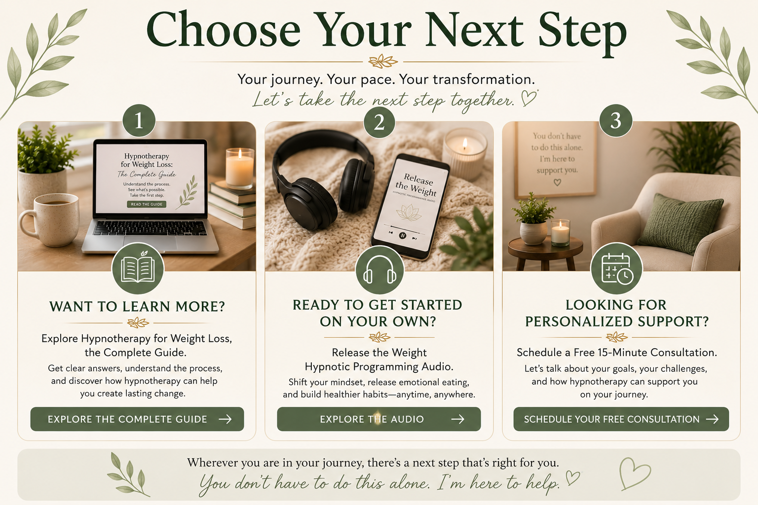 Choose your next step with options to explore the complete guide, listen to the Release the Weight hypnotic programming audio, or schedule a free 15-minute consultation. Choose your next step with options to explore the complete guide, listen to the Release the Weight hypnotic programming audio, or schedule a free 15-minute consultation.