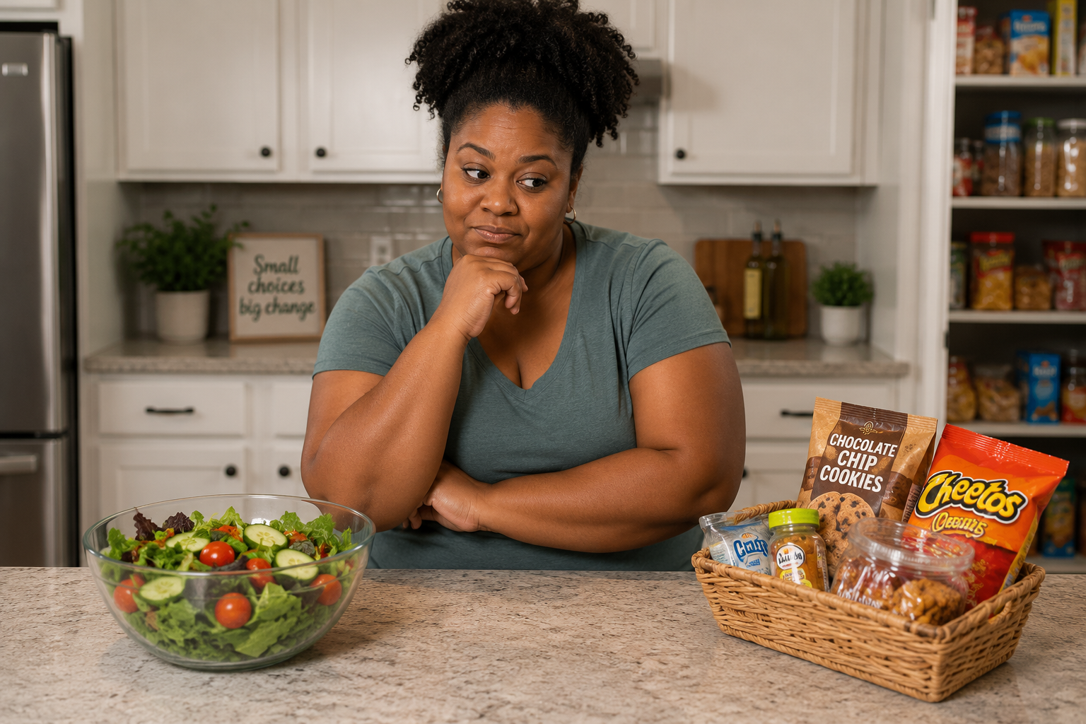 Overweight woman deciding between a healthy salad and pantry snacks in her kitchen.