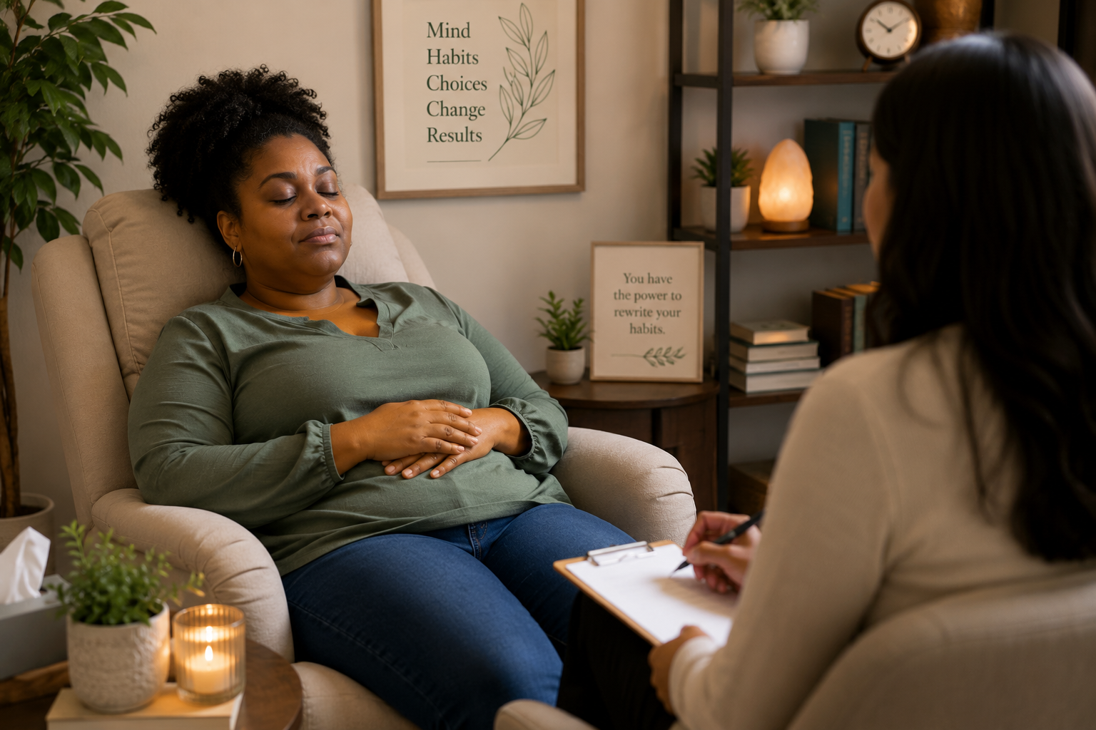Woman relaxing during a professional hypnotherapy session for weight loss in a comfortable office.