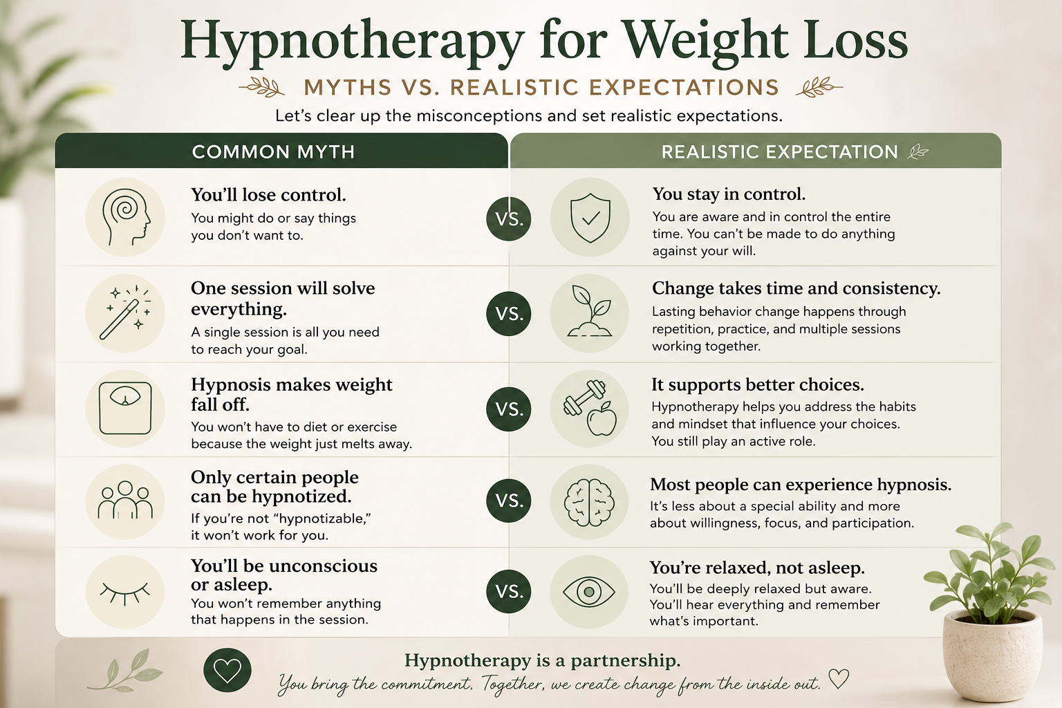 Infographic comparing common myths and realistic expectations about hypnotherapy for weight loss.