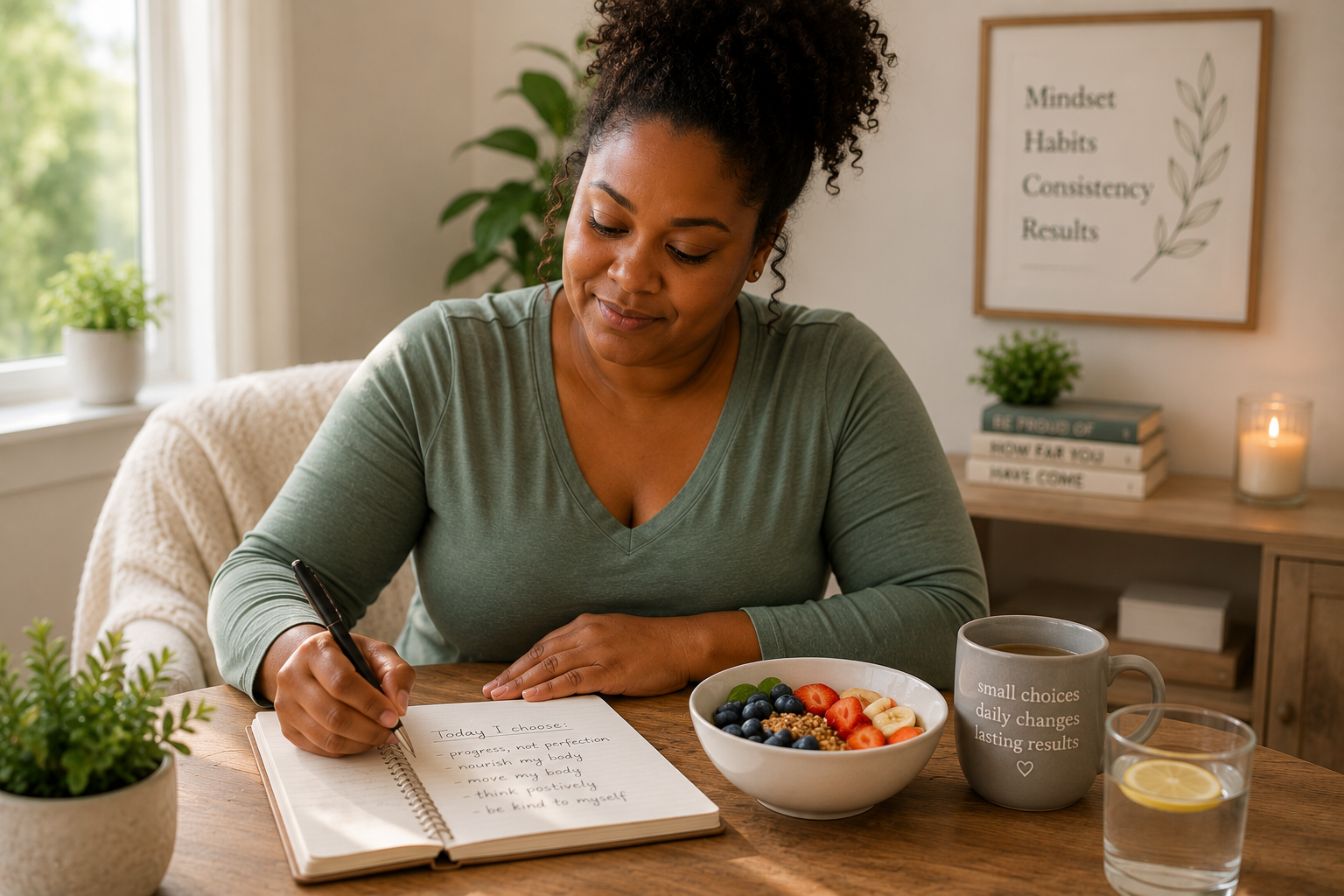 Woman journaling while enjoying a healthy breakfast, representing small daily choices that support lasting weight-loss habits.