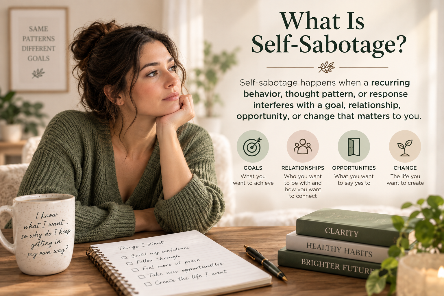 Woman reflecting on self-sabotage patterns that may interfere with goals, relationships, opportunities, and personal change. Woman reflecting on self-sabotage patterns that may interfere with goals, relationships, opportunities, and personal change.