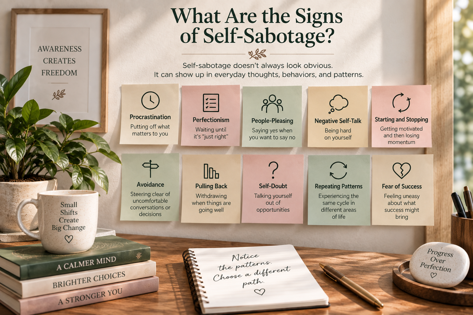 Signs of self-sabotage including procrastination, perfectionism, people-pleasing, negative self-talk, avoidance, and repeating patterns. Signs of self-sabotage including procrastination, perfectionism, people-pleasing, negative self-talk, avoidance, and repeating patterns.