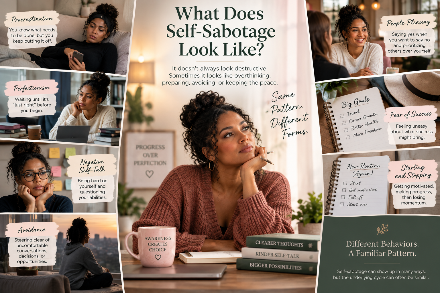 Examples of what self-sabotage can look like, including procrastination, perfectionism, people-pleasing, negative self-talk, avoidance, fear of success, and starting and stopping. Examples of what self-sabotage can look like, including procrastination, perfectionism, people-pleasing, negative self-talk, avoidance, fear of success, and starting and stopping.