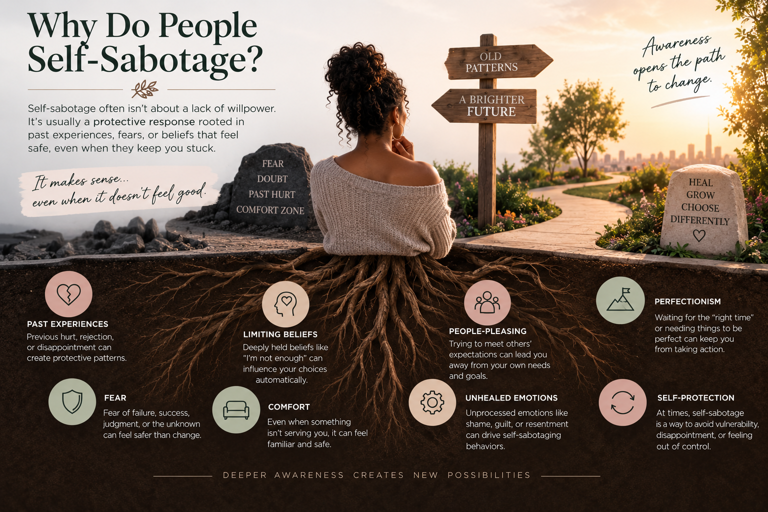 Illustration showing why people self-sabotage, with roots representing fear, past experiences, limiting beliefs, people-pleasing, perfectionism, and self-protection. Illustration showing why people self-sabotage, with roots representing fear, past experiences, limiting beliefs, people-pleasing, perfectionism, and self-protection.
