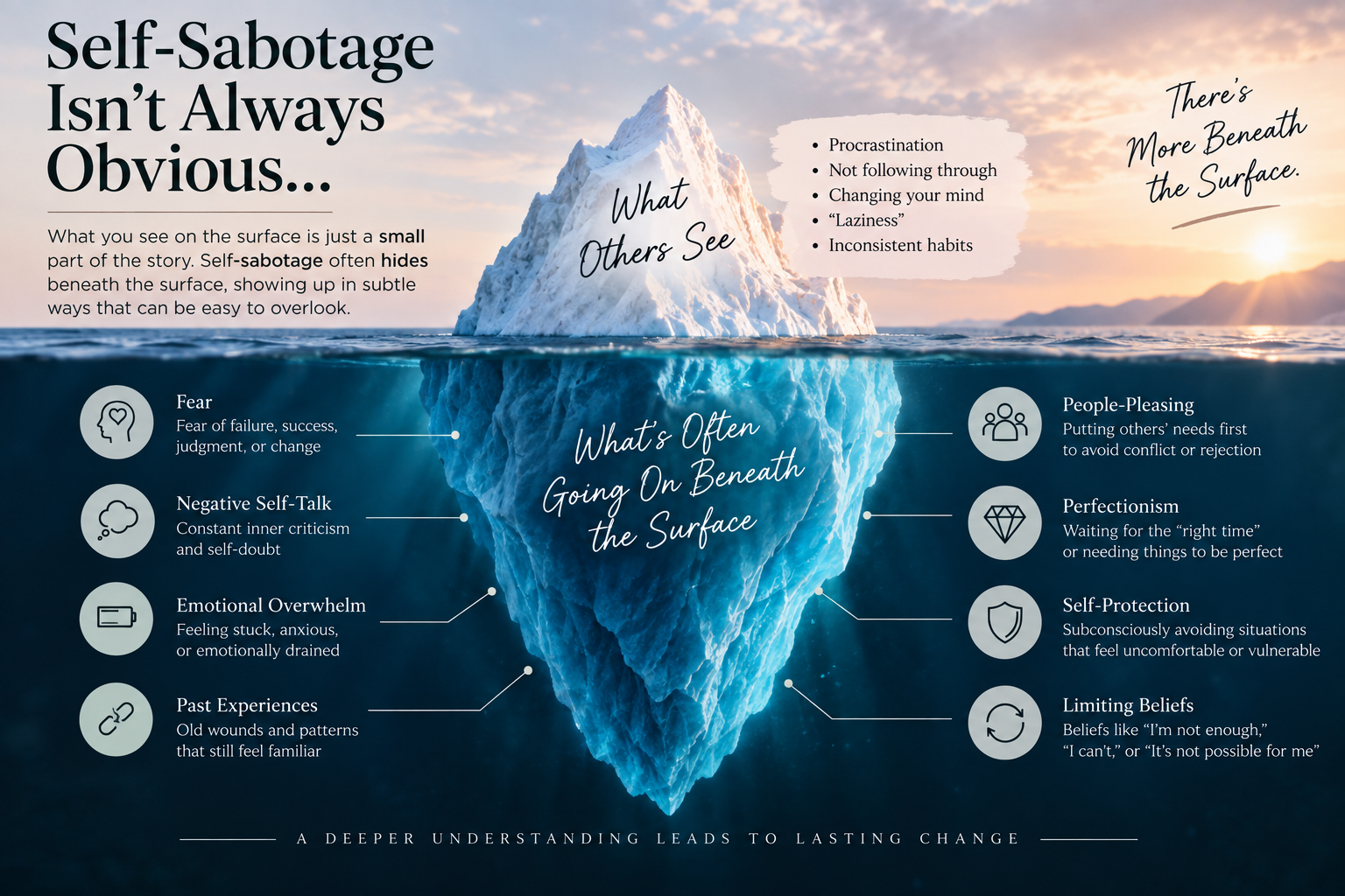 Iceberg illustration showing how self-sabotage may have less obvious patterns beneath the surface, including fear, negative self-talk, people-pleasing, perfectionism, and limiting beliefs. Iceberg illustration showing how self-sabotage may have less obvious patterns beneath the surface, including fear, negative self-talk, people-pleasing, perfectionism, and limiting beliefs.