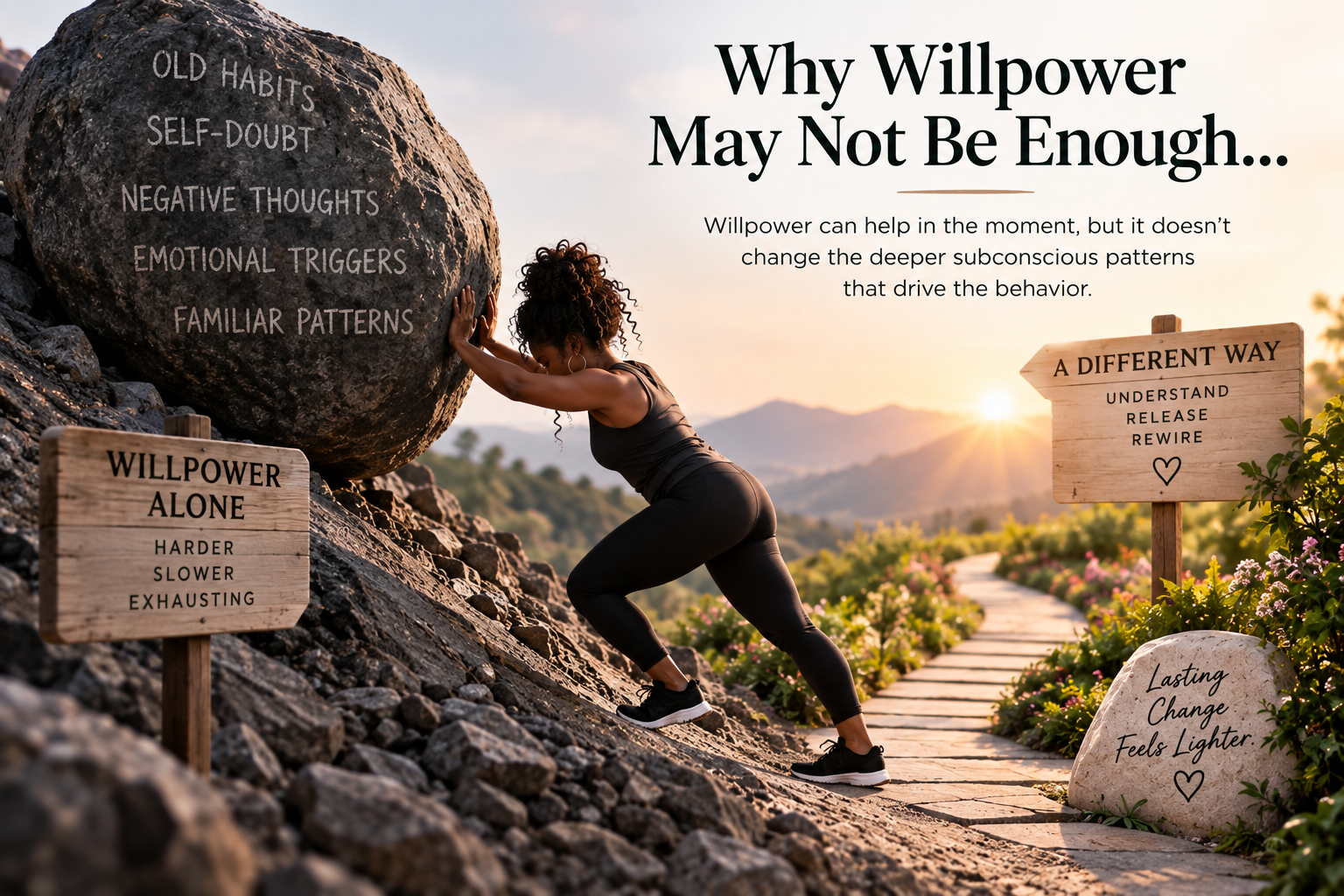 Woman pushing against self-sabotaging patterns, illustrating why willpower alone may not be enough to create lasting behavior change. Woman pushing against self-sabotaging patterns, illustrating why willpower alone may not be enough to create lasting behavior change.