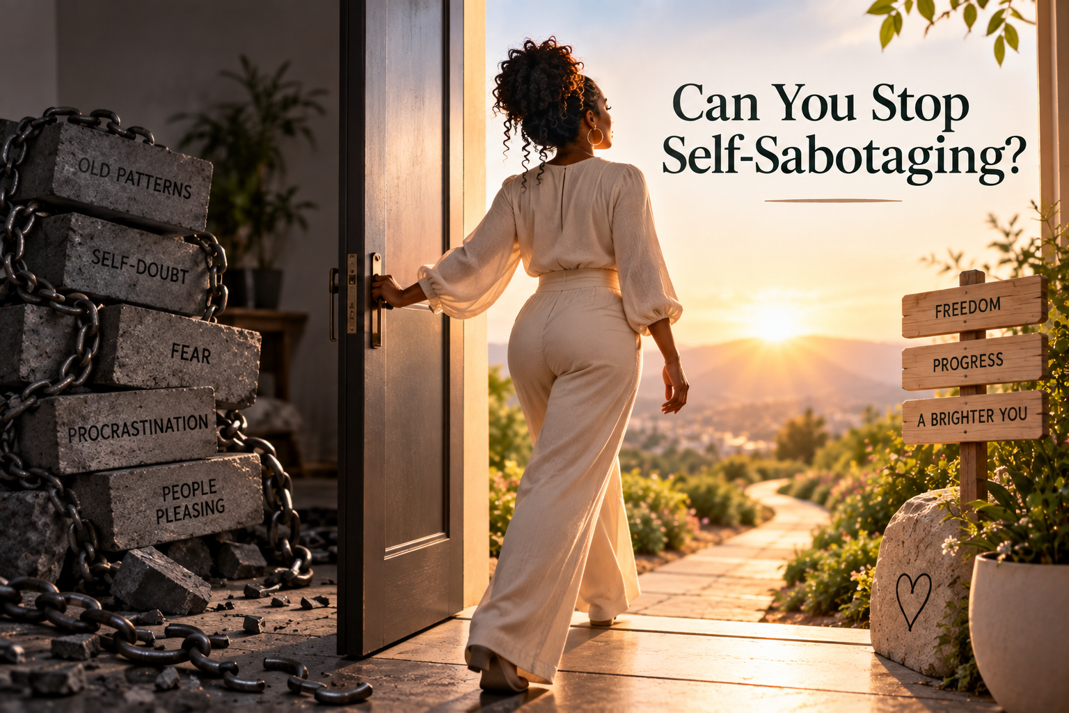 Woman moving beyond self-sabotaging patterns such as fear, self-doubt, procrastination, and people-pleasing toward positive change. Woman moving beyond self-sabotaging patterns such as fear, self-doubt, procrastination, and people-pleasing toward positive change.