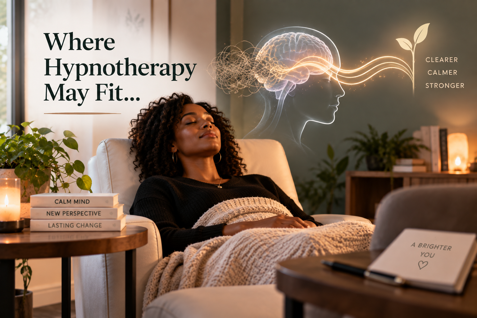 Woman experiencing hypnotherapy in a relaxed setting, representing how hypnotherapy may help explore subconscious patterns connected to self-sabotage. Woman experiencing hypnotherapy in a relaxed setting, representing how hypnotherapy may help explore subconscious patterns connected to self-sabotage.