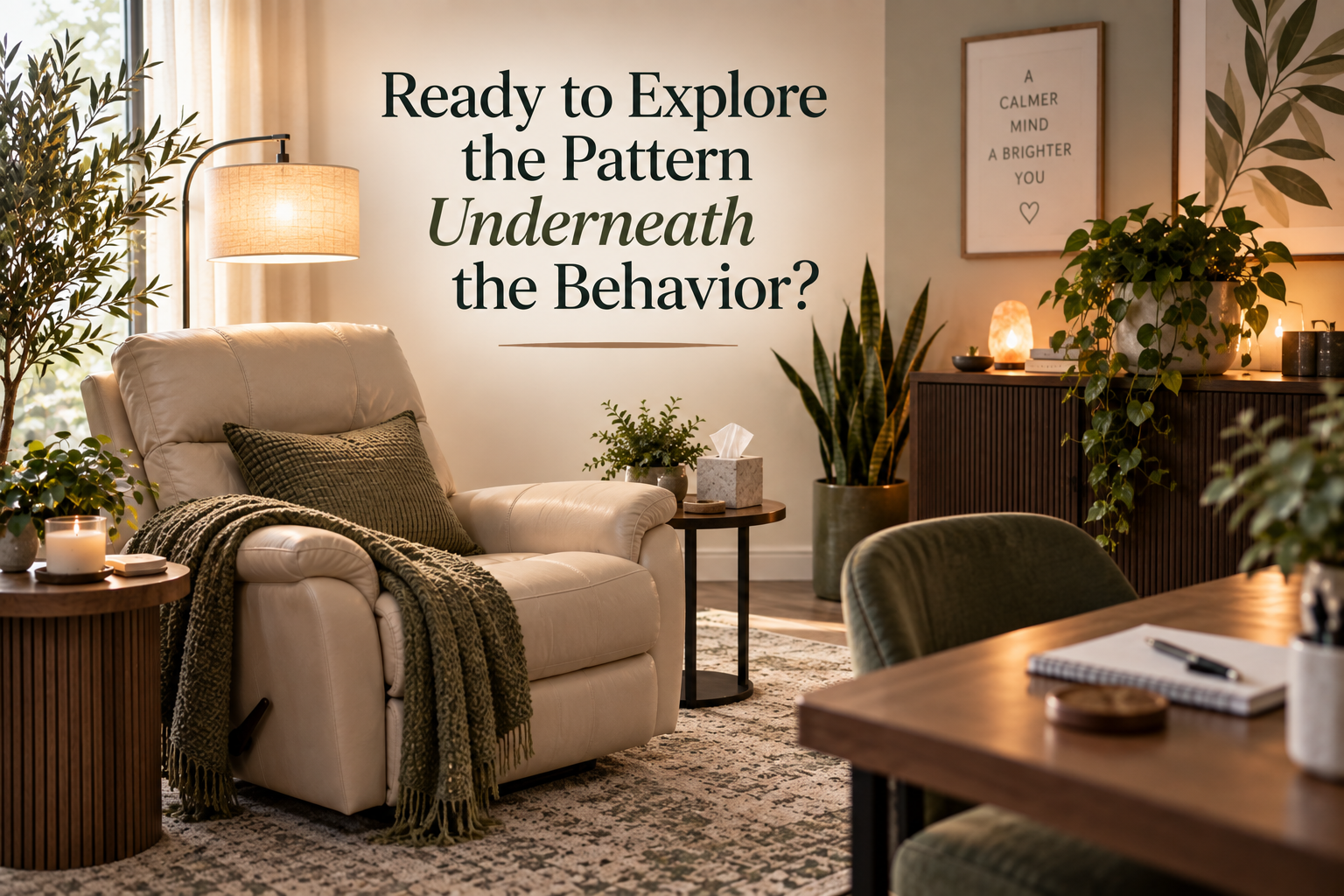 Warm hypnotherapy office with a beige recliner and olive green accents, inviting clients to explore patterns underneath self-sabotaging behavior. Warm hypnotherapy office with a beige recliner and olive green accents, inviting clients to explore patterns underneath self-sabotaging behavior.