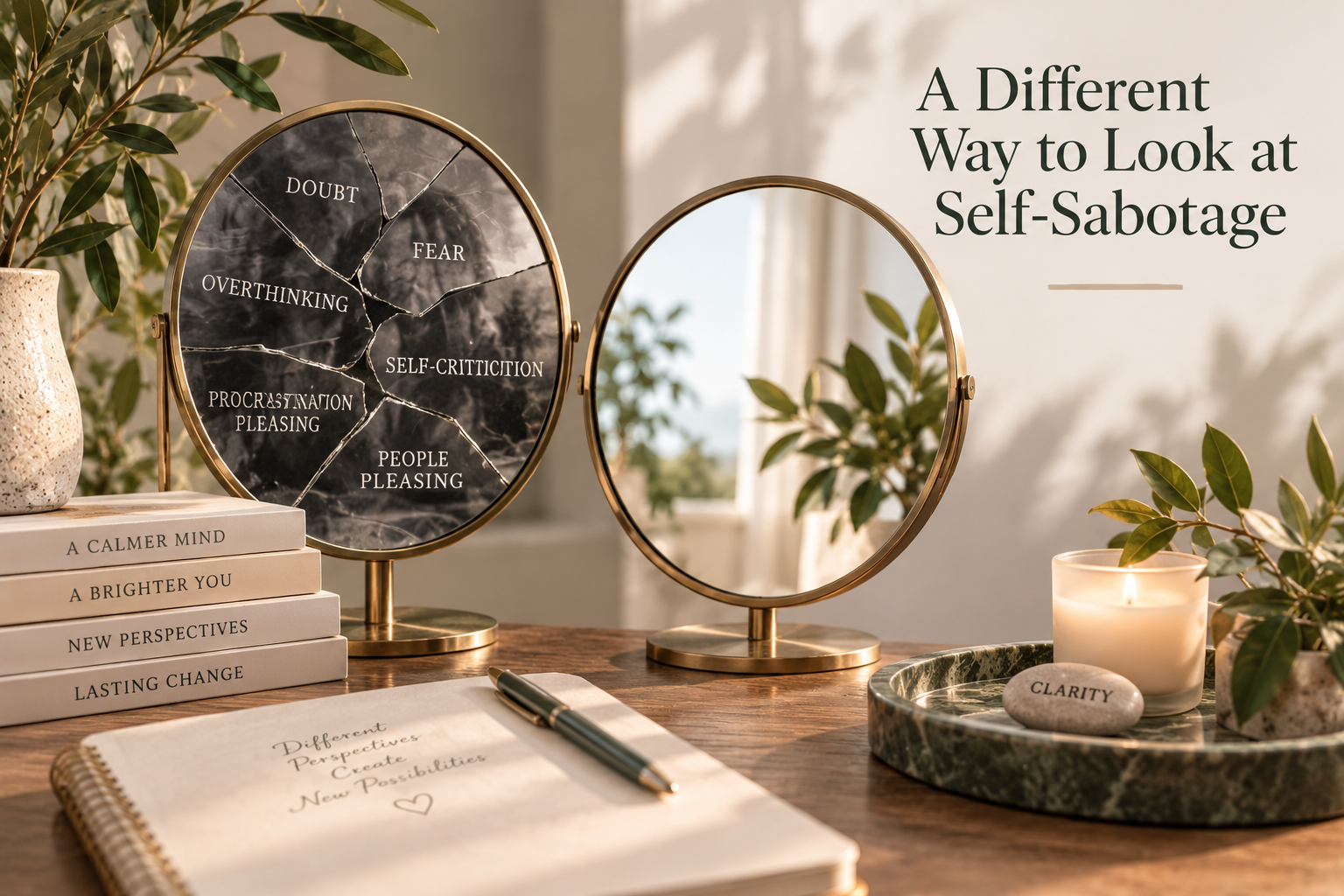 Mirrors representing a different perspective on self-sabotage patterns, including fear, self-doubt, overthinking, procrastination, and people-pleasing. Mirrors representing a different perspective on self-sabotage patterns, including fear, self-doubt, overthinking, procrastination, and people-pleasing.