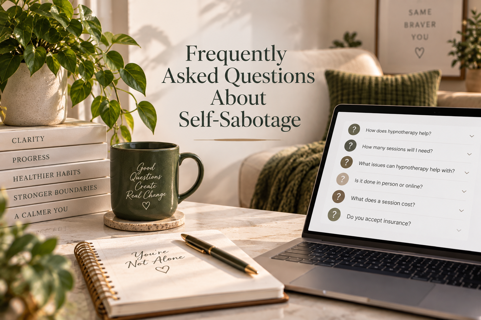 Frequently asked questions about self-sabotage and hypnotherapy shown in a calm, welcoming office setting.
