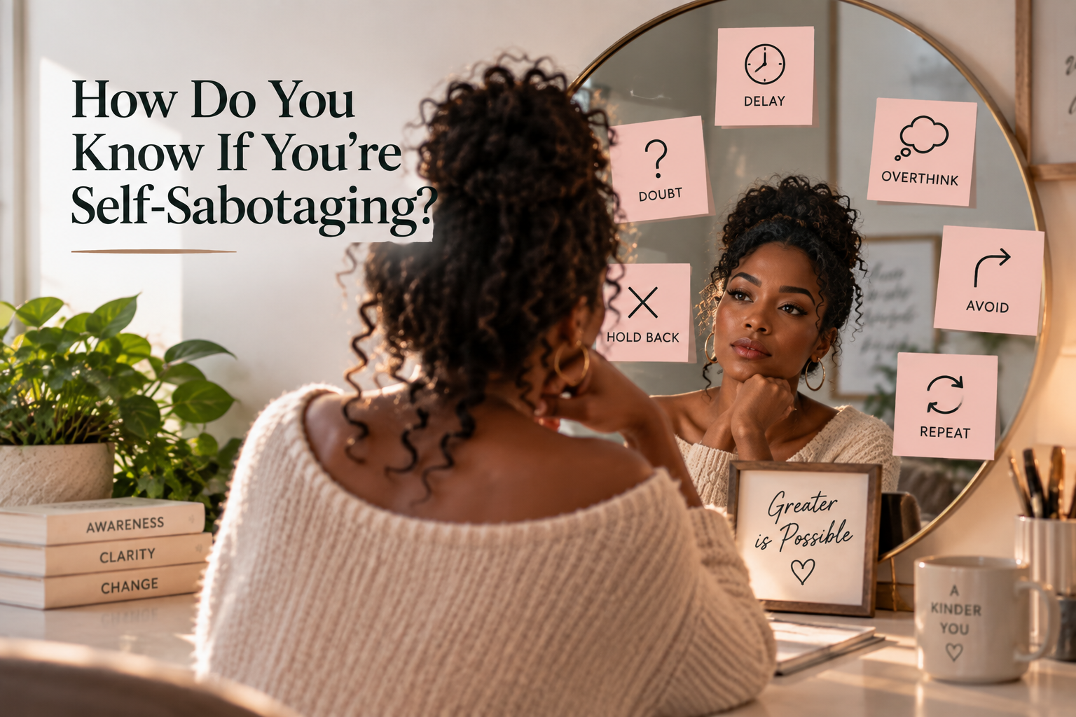 Woman reflecting on recurring self-sabotage patterns such as overthinking, avoidance, self-doubt, delaying, and holding back. Woman reflecting on recurring self-sabotage patterns such as overthinking, avoidance, self-doubt, delaying, and holding back.
