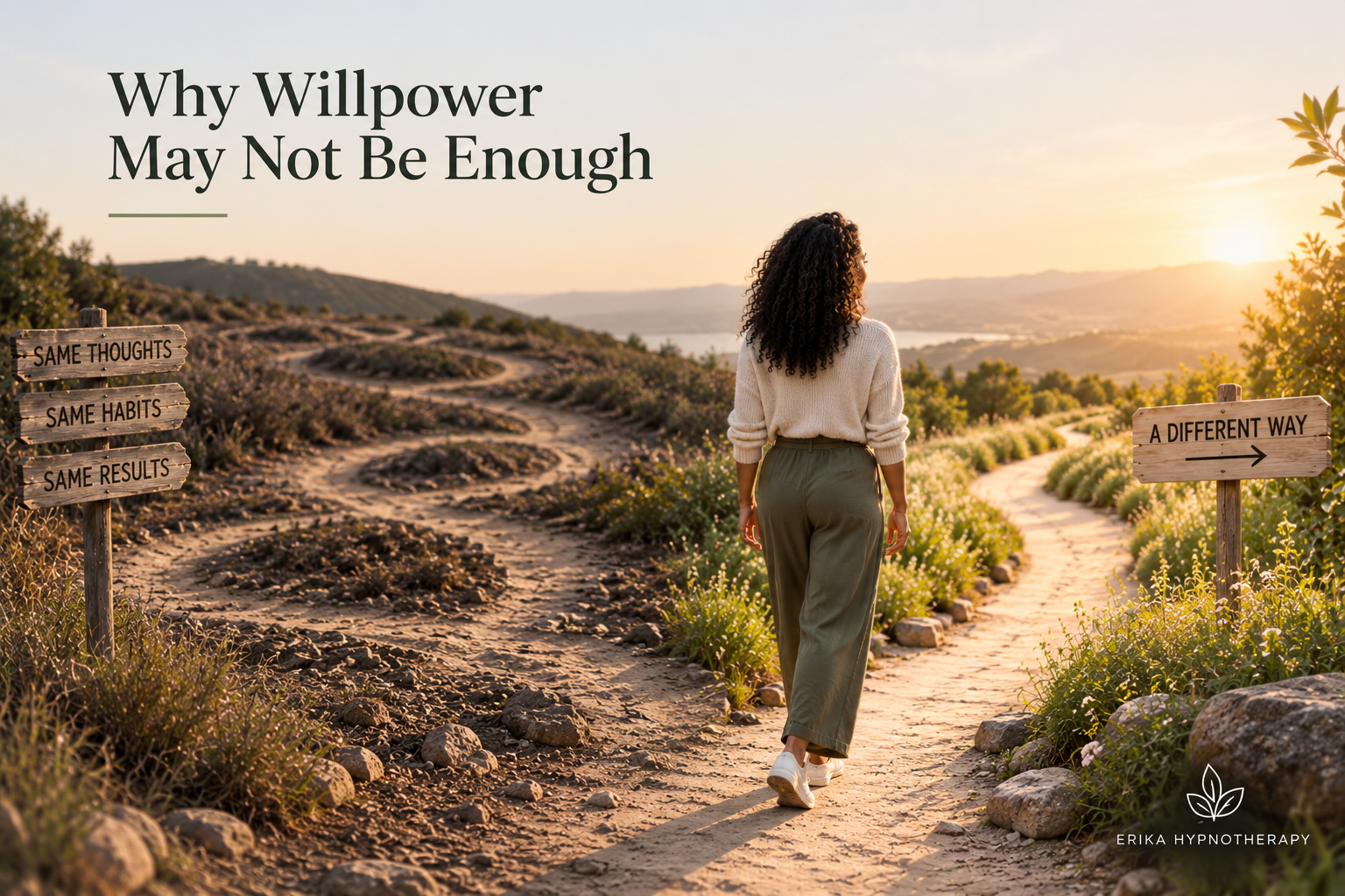 Woman choosing a new path, illustrating why willpower alone may not be enough to change self-sabotaging patterns.