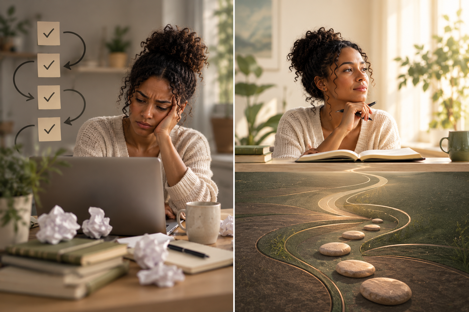 Woman comparing repeated surface-level fixes with a deeper approach to changing self-sabotaging patterns.
