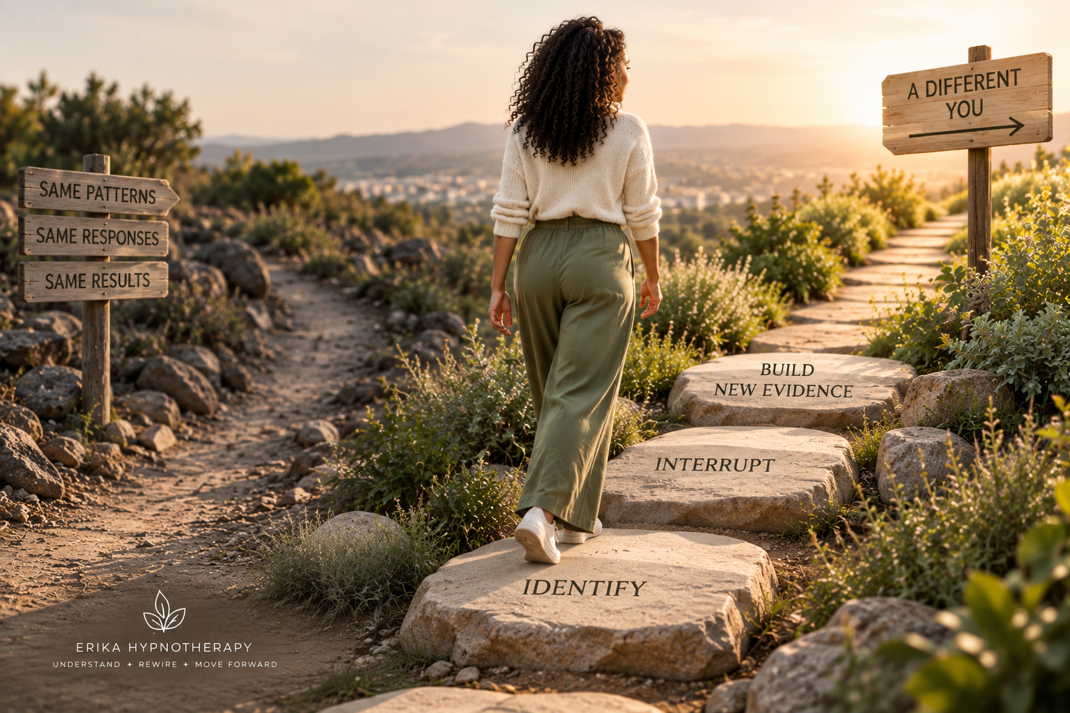 Woman interrupting self-sabotage patterns by identifying old responses and building new evidence through different choices.