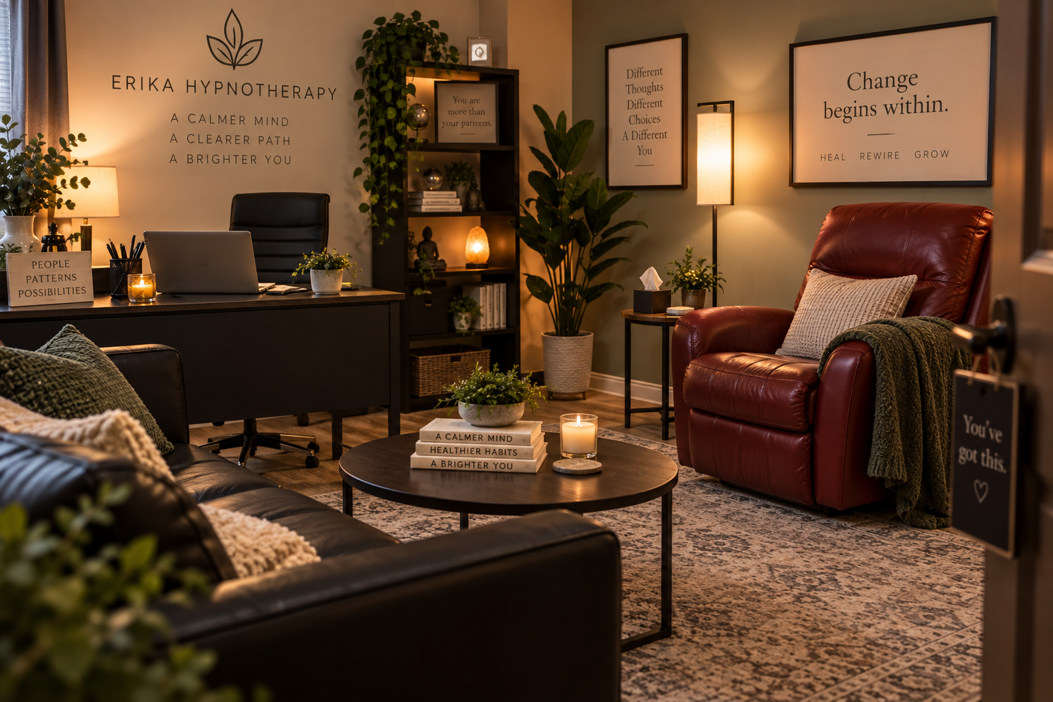 Warm Erika Hypnotherapy office with a red recliner, black seating, and calming décor representing a personalized approach to self-sabotage patterns.