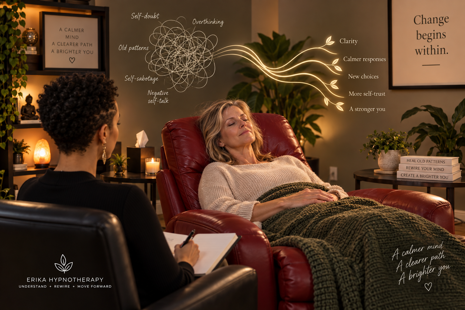 Woman relaxing in a red recliner during hypnotherapy as self-sabotaging thought patterns shift toward clarity, calmer responses, and new choices.