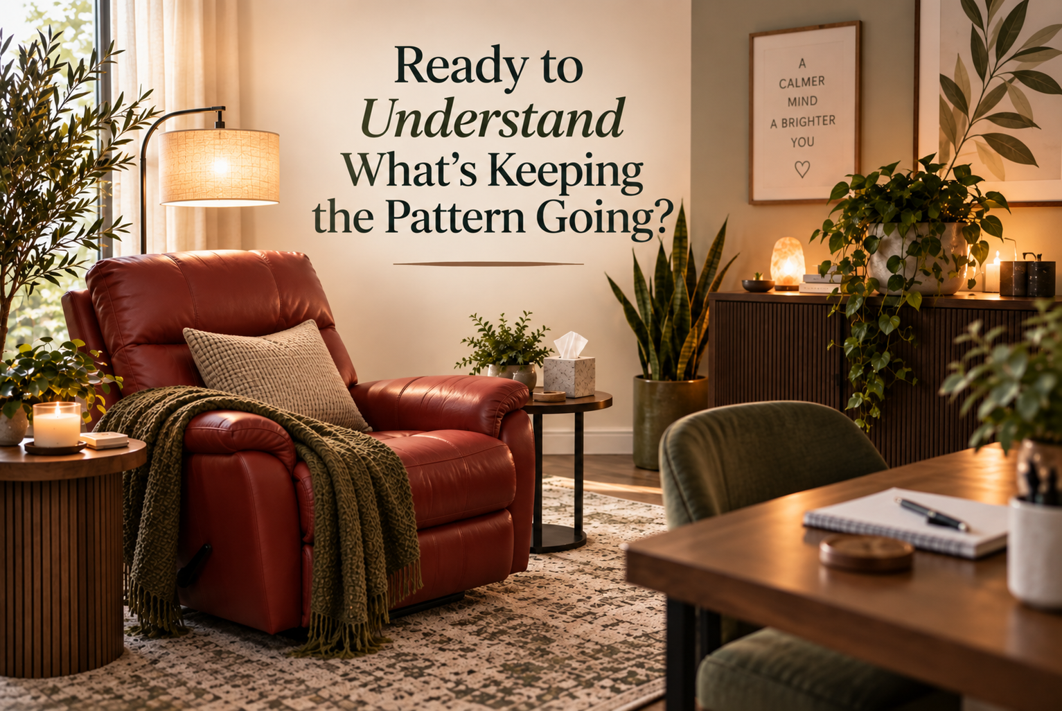 Warm hypnotherapy office with a red recliner inviting clients to understand what may be keeping self-sabotaging patterns going.