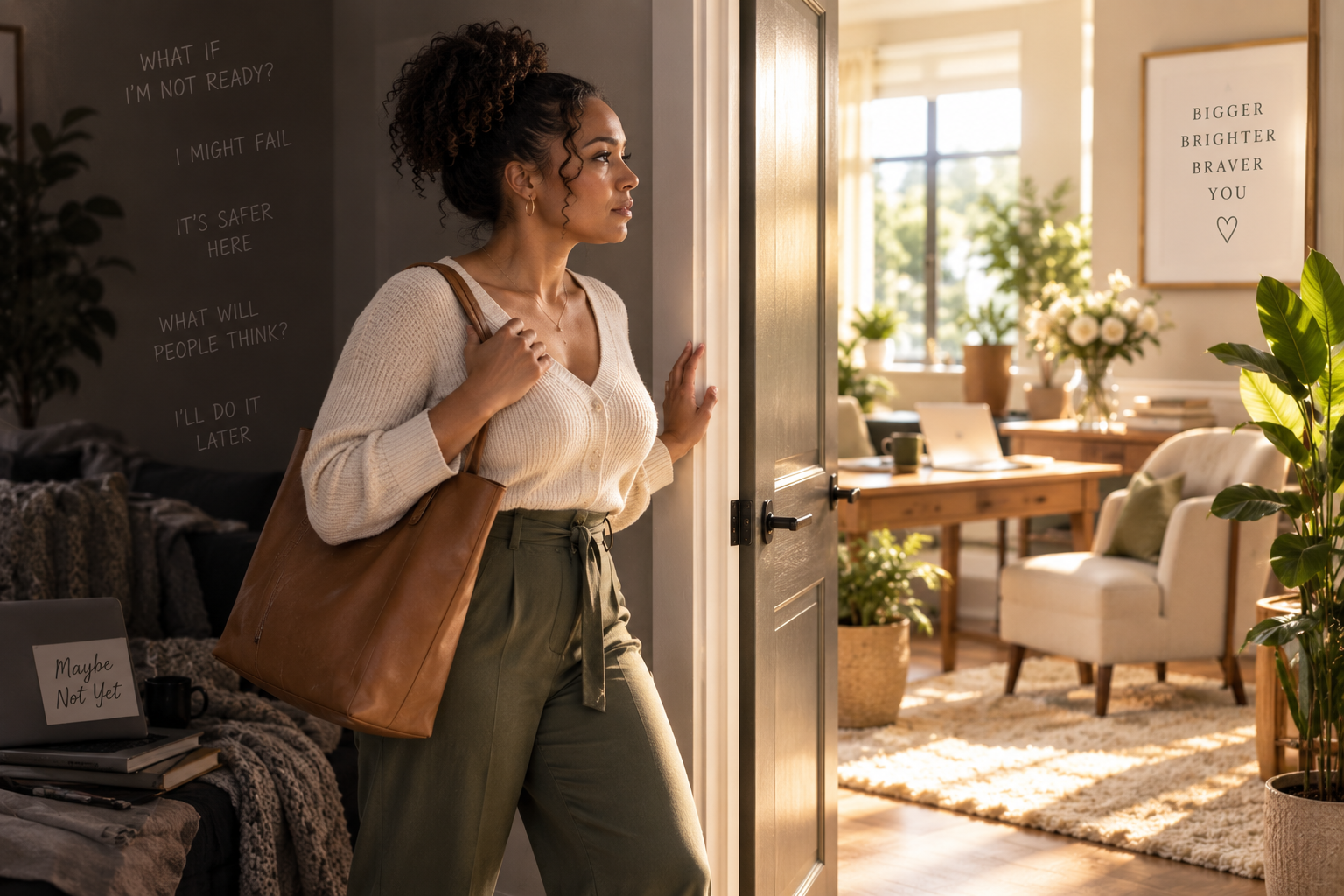 Woman hesitating at the doorway to a new opportunity, representing self-sabotage and resistance when moving toward something she wants.