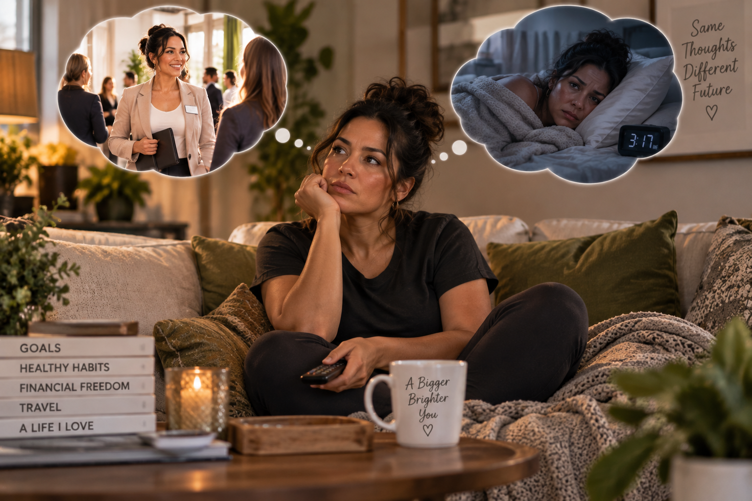 Woman relaxing on the couch while considering professional growth and familiar patterns, representing how comfort can contribute to self-sabotage.