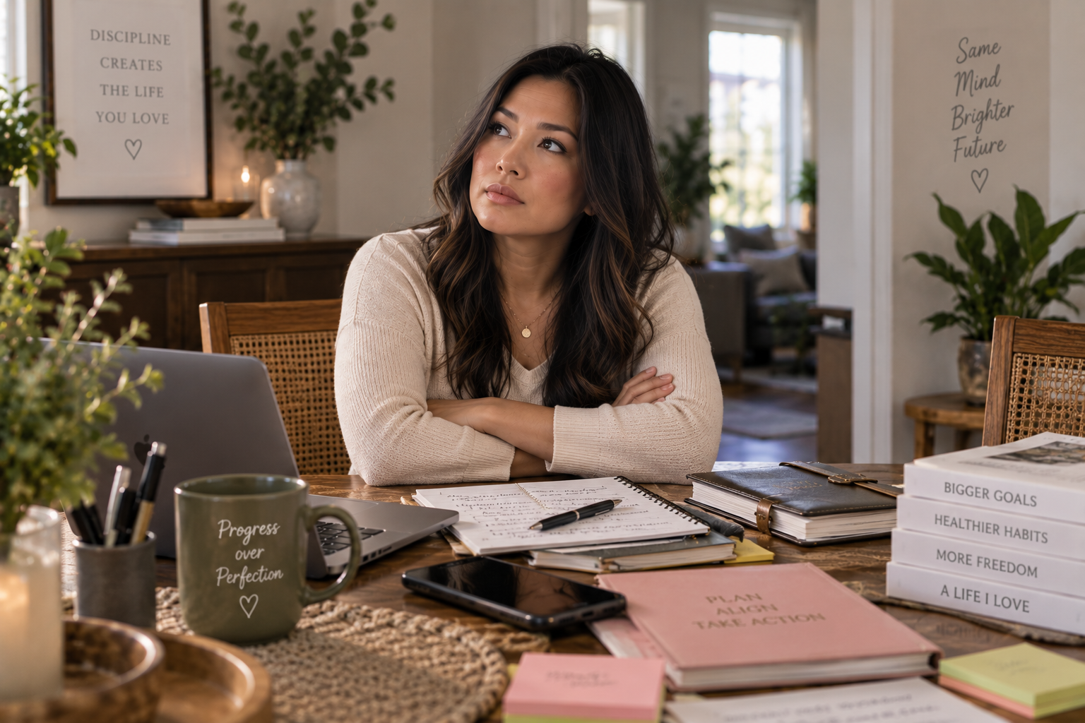 Woman pausing over unfinished work at her dining table, representing overthinking, procrastination, and subtle self-sabotaging behaviors.