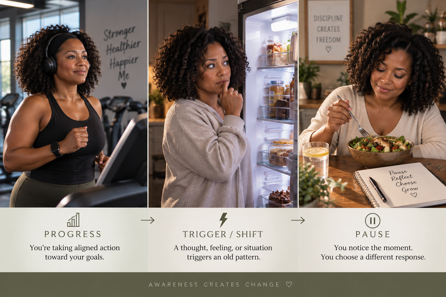Woman moving from progress to a triggering moment and then pausing to choose a different response, illustrating awareness of self-sabotaging patterns.