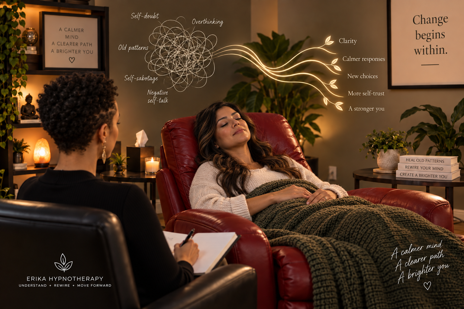 Woman relaxing in a red recliner during a hypnotherapy session, representing the shift from self-sabotaging patterns toward clarity, calmer responses, and greater self-trust.