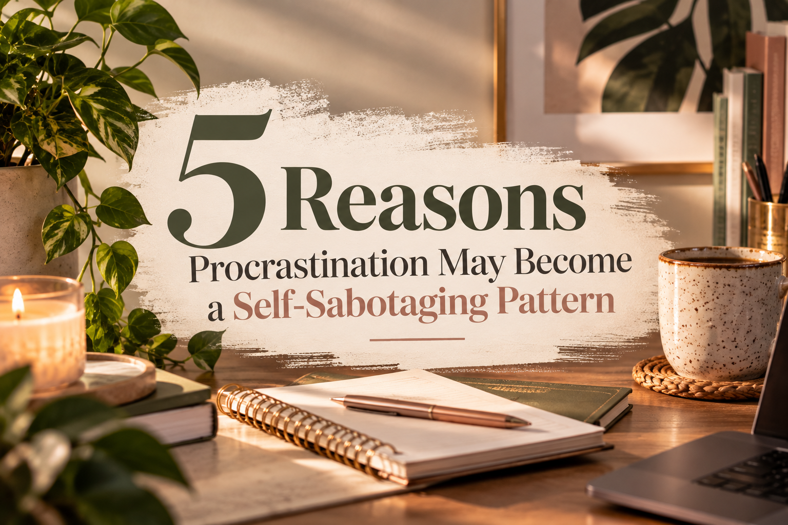 Editorial image featuring the headline “5 Reasons Procrastination May Become a Self-Sabotaging Pattern,” surrounded by a notebook, coffee mug, candle, and plants in a warm, inviting workspace.