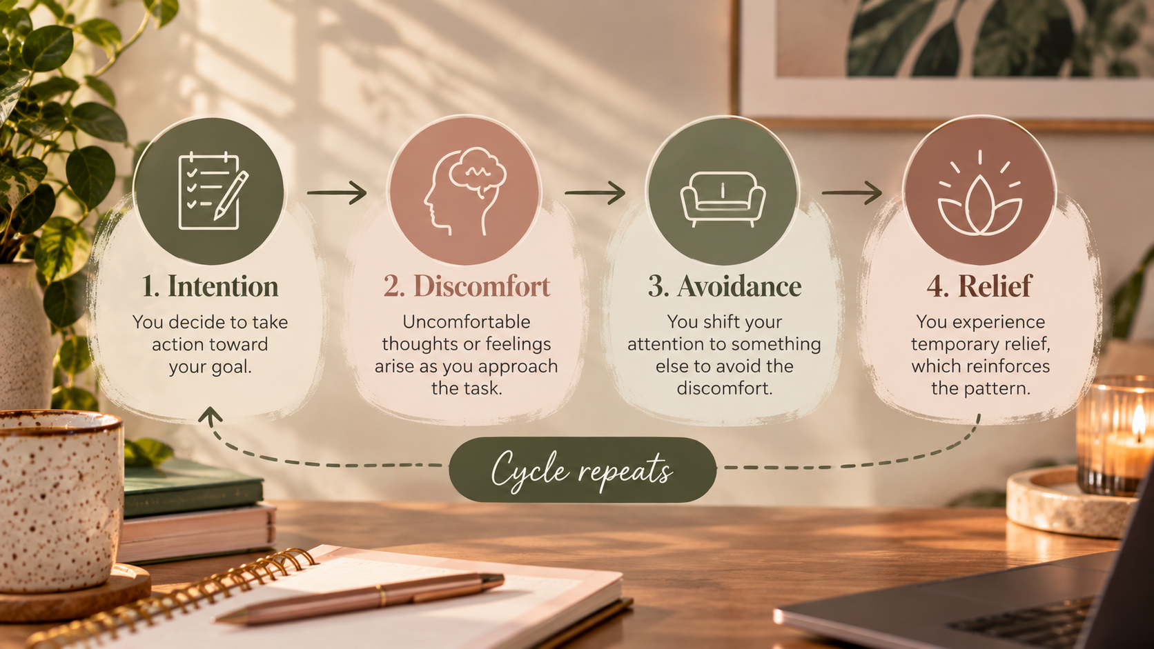 Infographic illustrating the procrastination cycle in four stages: intention, discomfort, avoidance, and temporary relief, showing how avoidance can reinforce repeating self-sabotaging patterns.