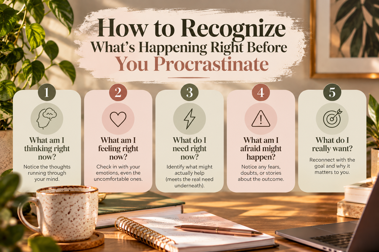 Vertical infographic featuring five self-reflection questions to help recognize thoughts, emotions, needs, fears, and goals that may contribute to procrastination and self-sabotaging patterns.