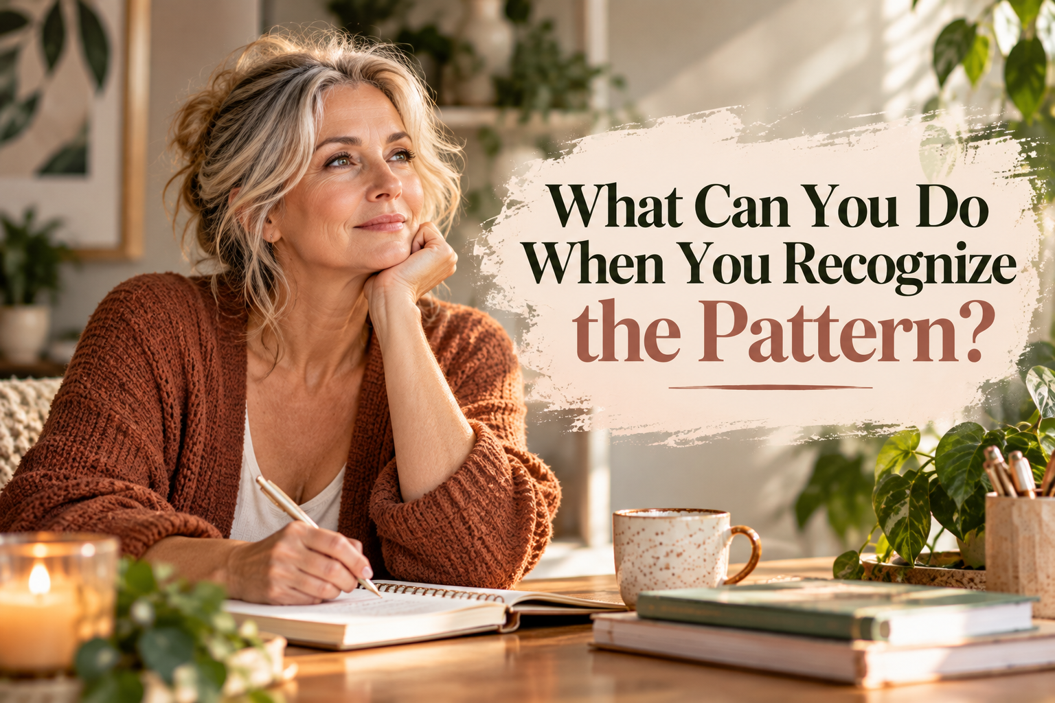 White woman in her 50s journaling thoughtfully at a desk, reflecting on how to recognize and change recurring procrastination and self-sabotaging patterns.