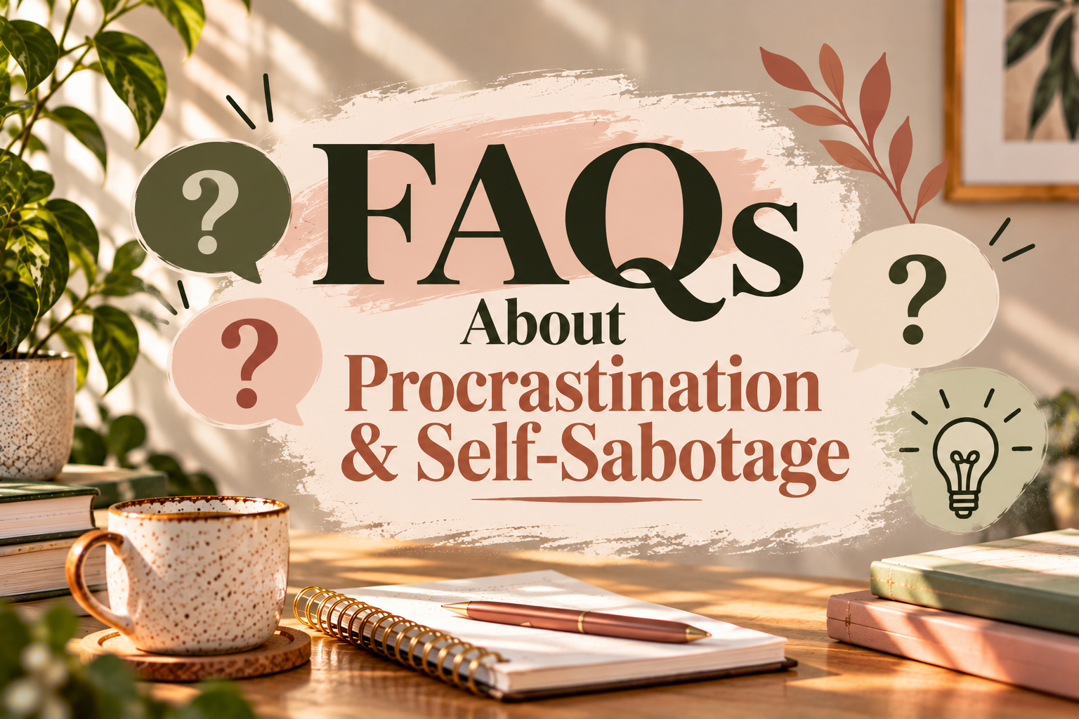 FAQs about procrastination and self-sabotage displayed in a warm, inviting workspace with question mark icons, a lightbulb, books, a coffee mug, and a notebook.